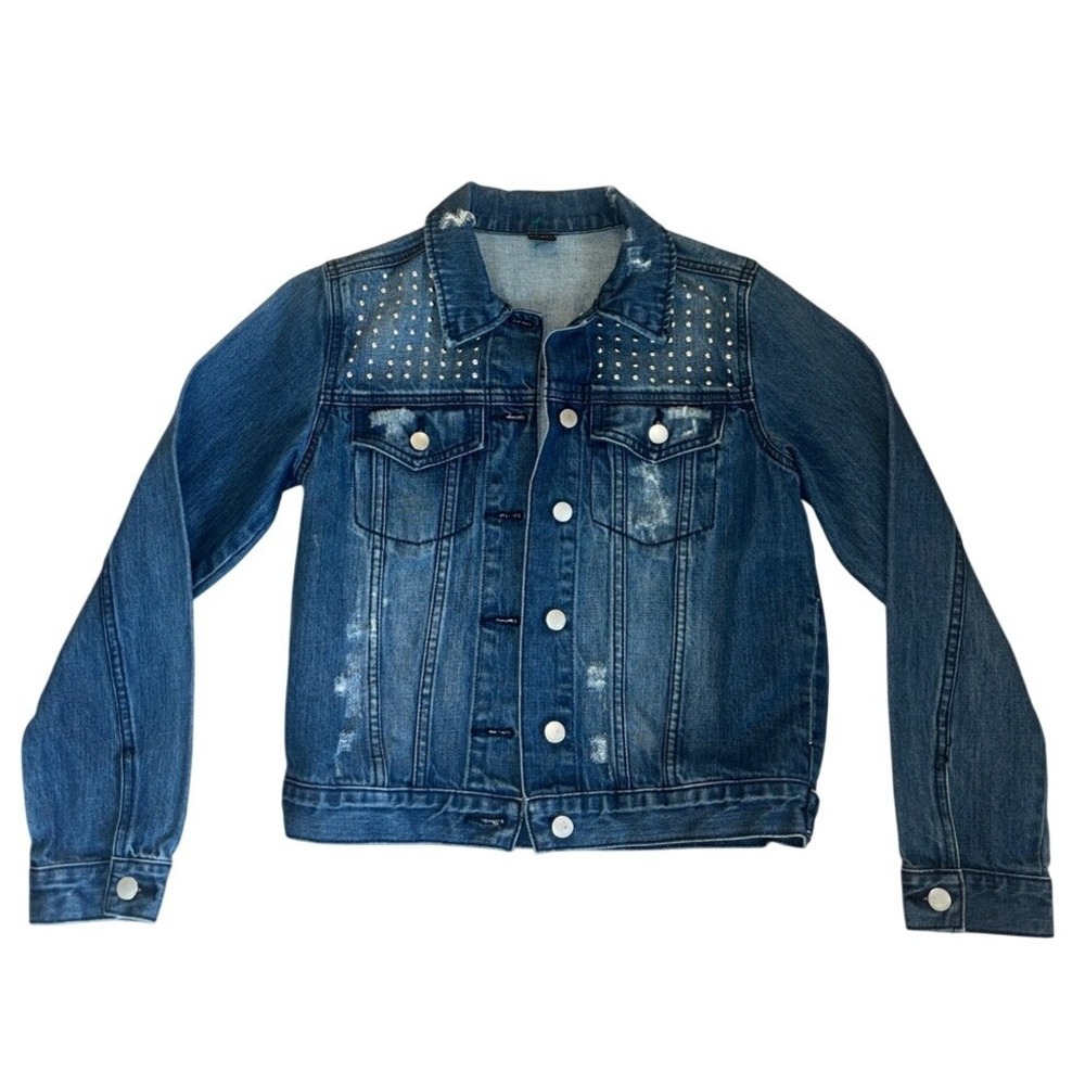 Tinsel Town Womens XS Distressed Studded Denim Jacket Medium Wash Trucker Jean